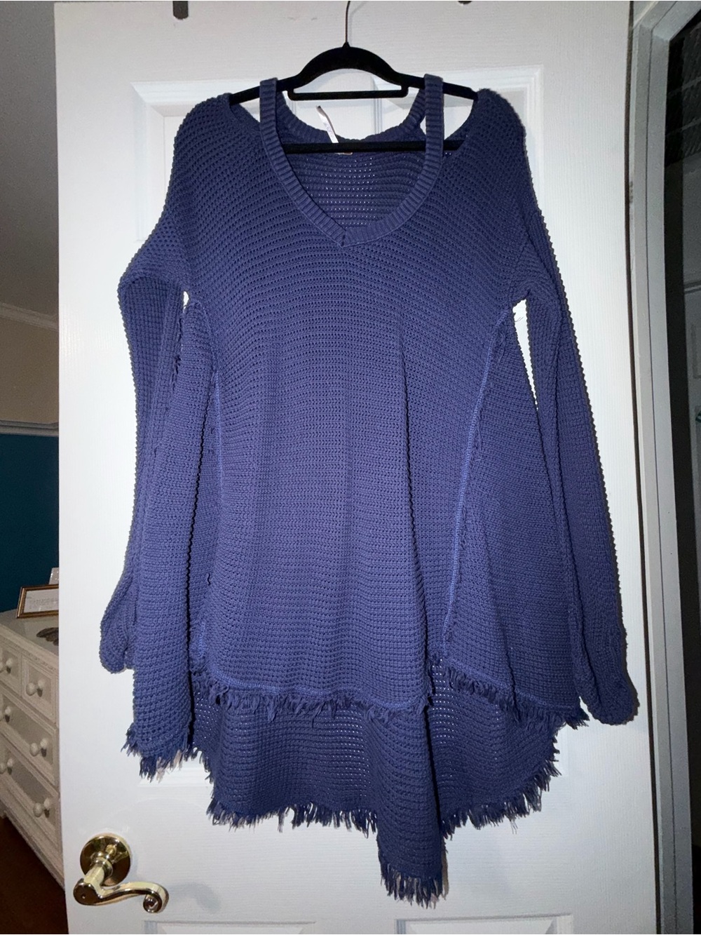 Free People Navy Frayed Hem V-Neck Sweater